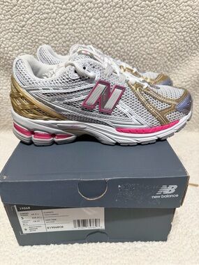 New Balance 1906R White & Gold Running Shoes with Pink Accents